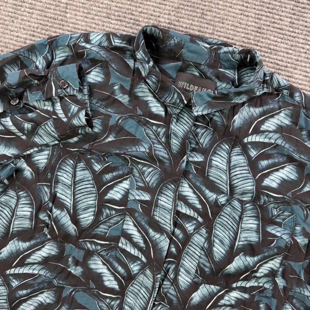 Wildfang The Empower Button Up Shirt Teal Black Palm Leaf Print Womens Large
